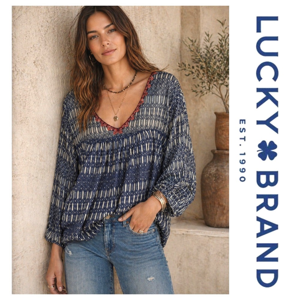Lucky Brand Womens Blue White Sheer Top Red Embroidery Tunic Blouse Plus Size 2X